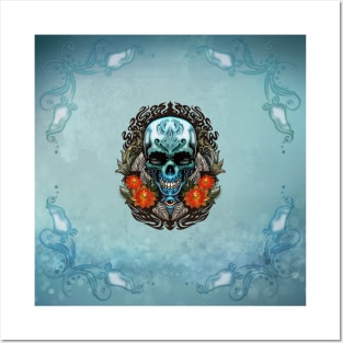 Awesome blue green skull with flowers Posters and Art